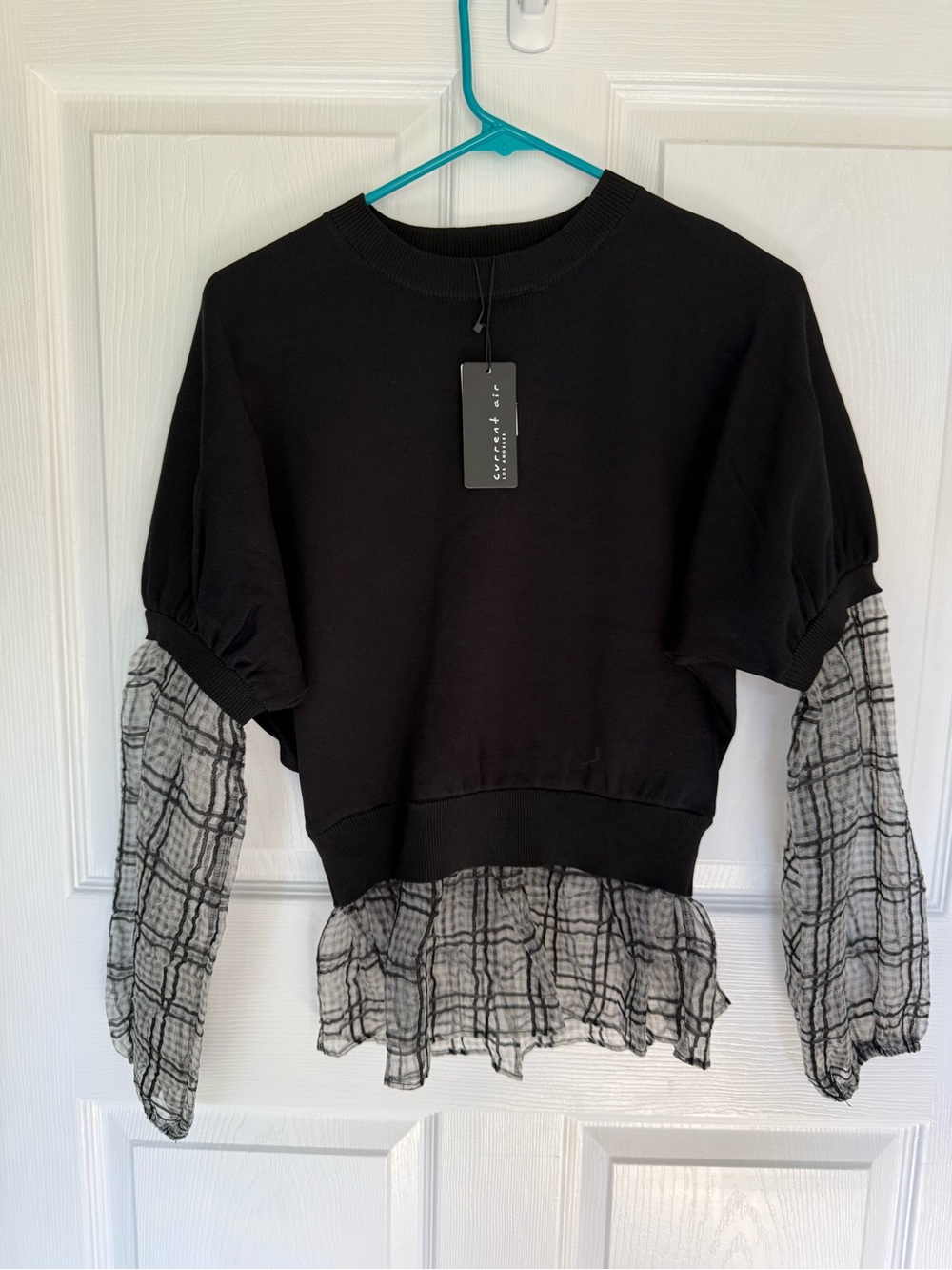 NWT Current Air Black Layered Puff-Sleeve Top with Gray Plaid Sheer Sleeves